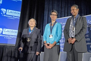 Caption: Laureates Rebiya Kadeer, Irsahd Manji, and Ayaan Hirsi Ali are awarded the 2015 Lantos Human Rights Prize, the highest honor of the Lantos Foundation for Human Rights and Justice. Photo Credit: Ron Sachs